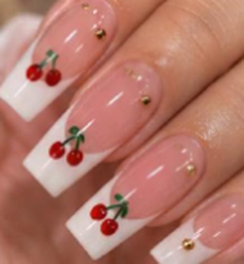 French-tip nails decorated with small red cherries