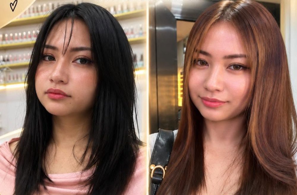 Before and after a Brazilian treatment with color: straight black hair becomes glossy brown