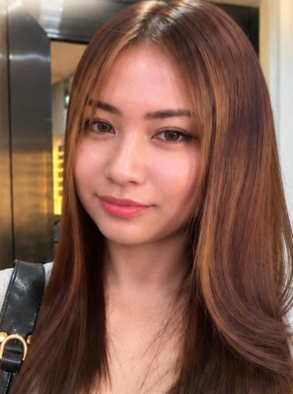 After: glossy brown hair with soft highlights