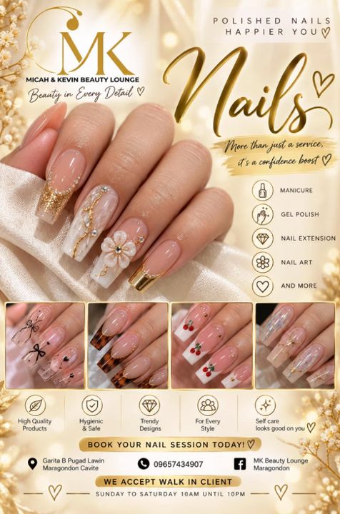 Facebook post: Nails, featuring nude nail extensions with gold details